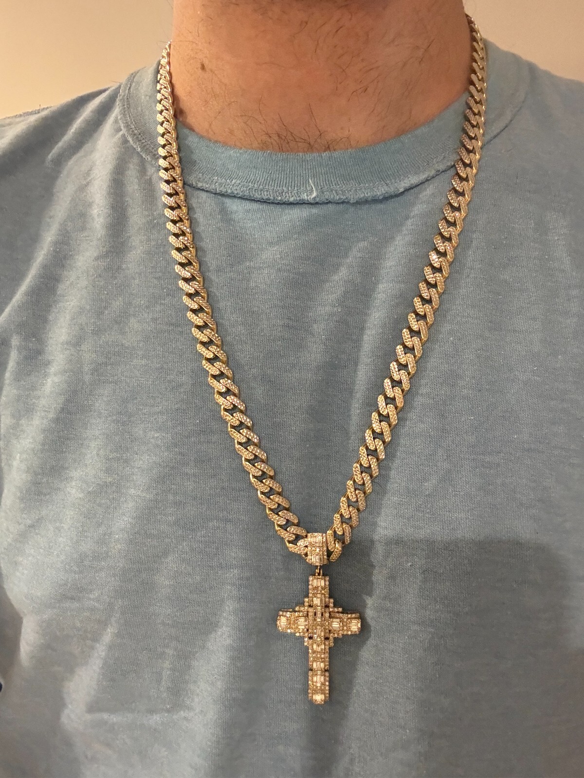 Mens Diamond Cross and Miami Cuban Set, 10k Gold, 40 Grams Approx