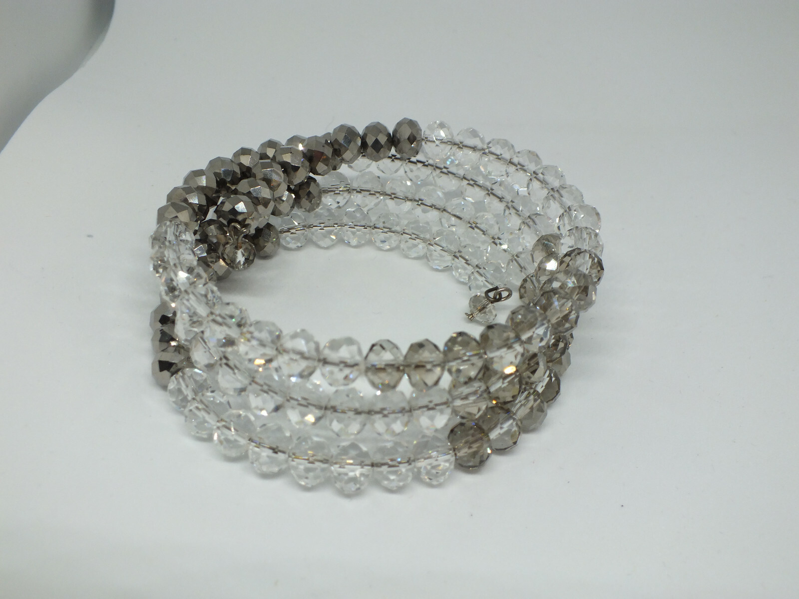Beautiful Wrap Bracelet Silver Tone Clear Beads 7/8″ Wide x 2 3/8″ Across ID