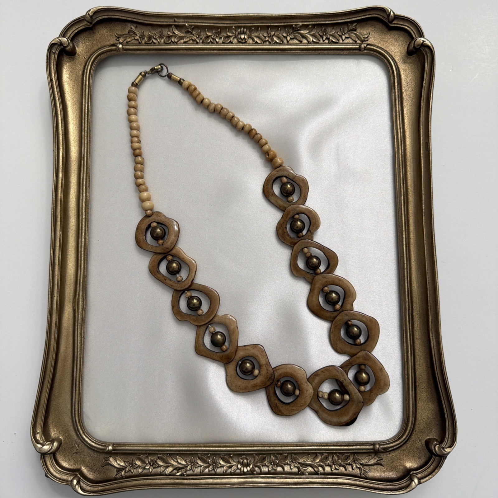 Artisan Vntg Wood Statement Necklace Carved Wooden Links with Brass Tone Beads