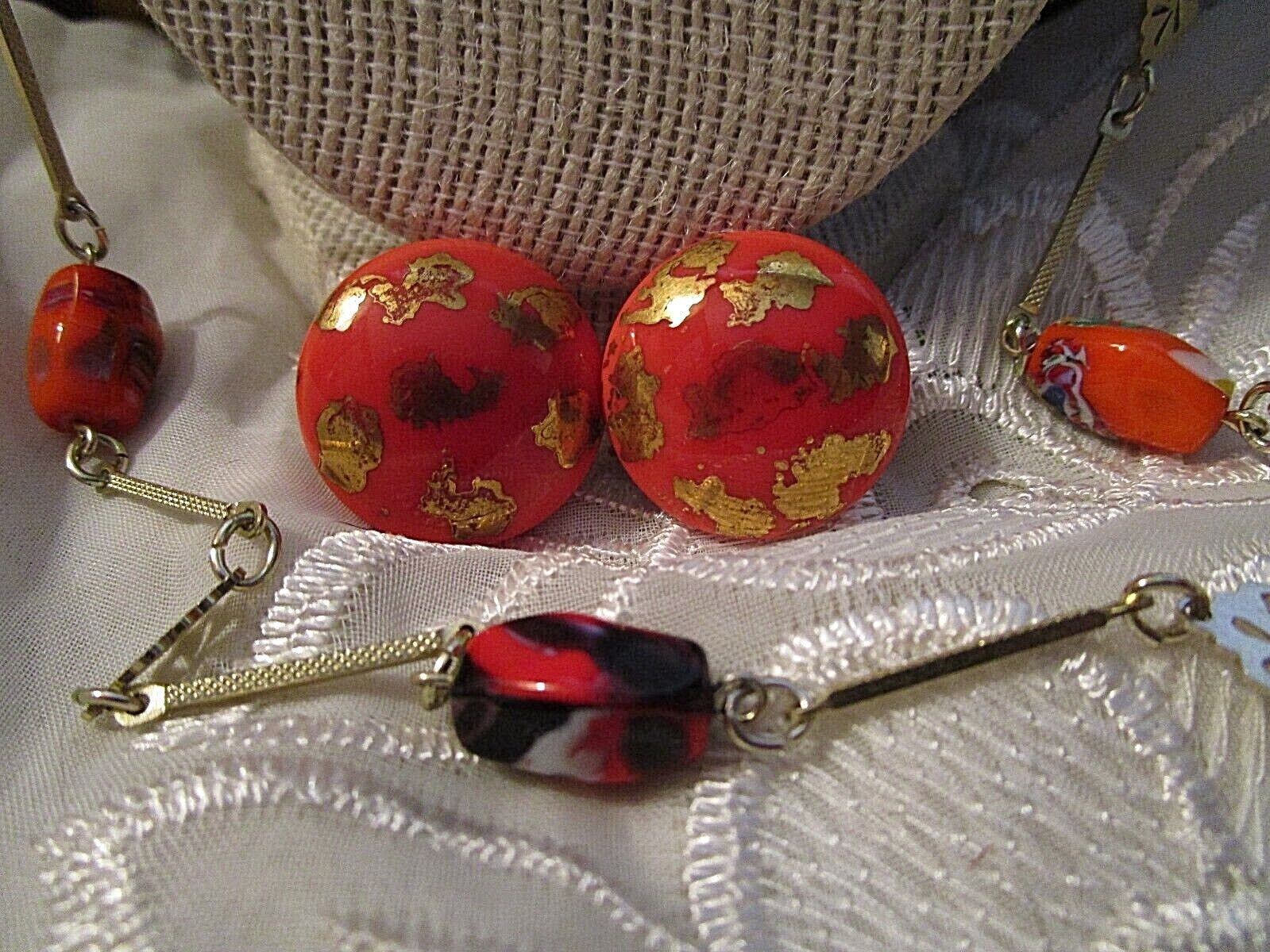 FAB VINTAGE Non-Identical ART GLASS NUGGET BEAD NECKLACE 1″ BAR LINKS + EARRINGS