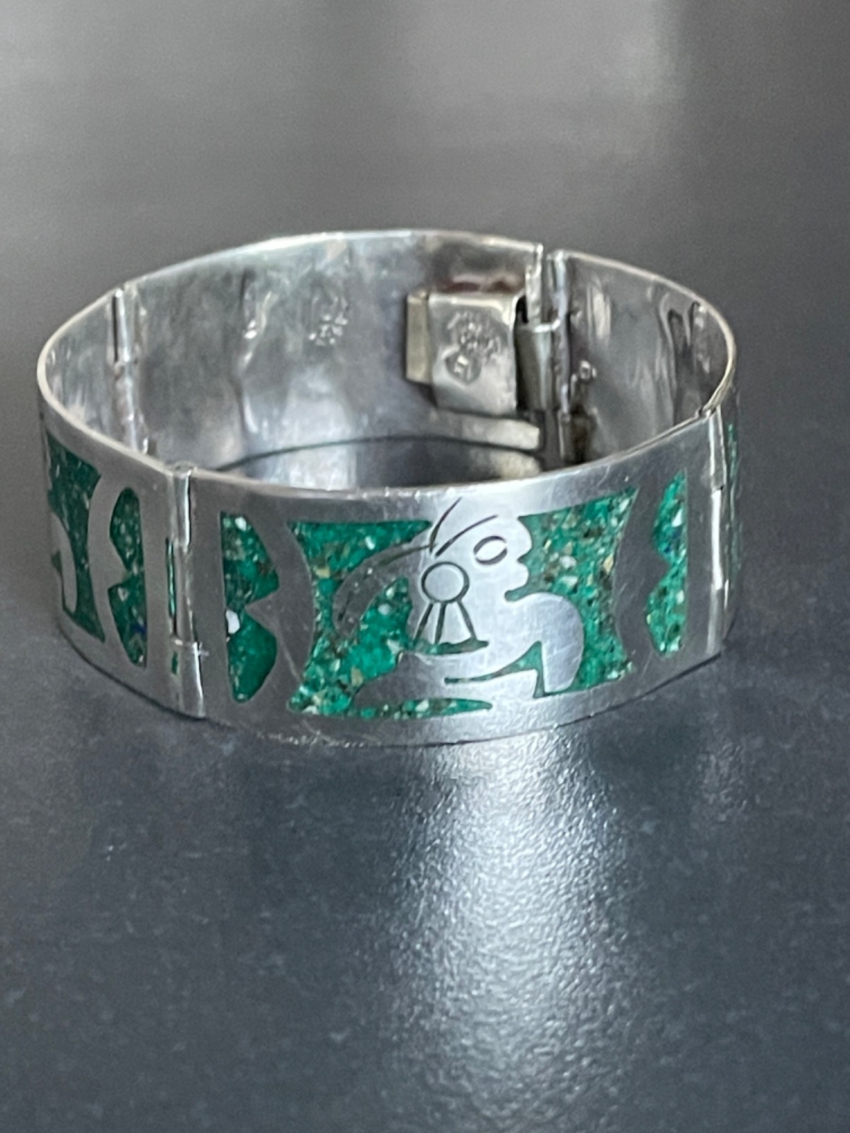 Solid 925 Silver Bracelet from Taxco Mexico Handmade with Green Stone Inlay