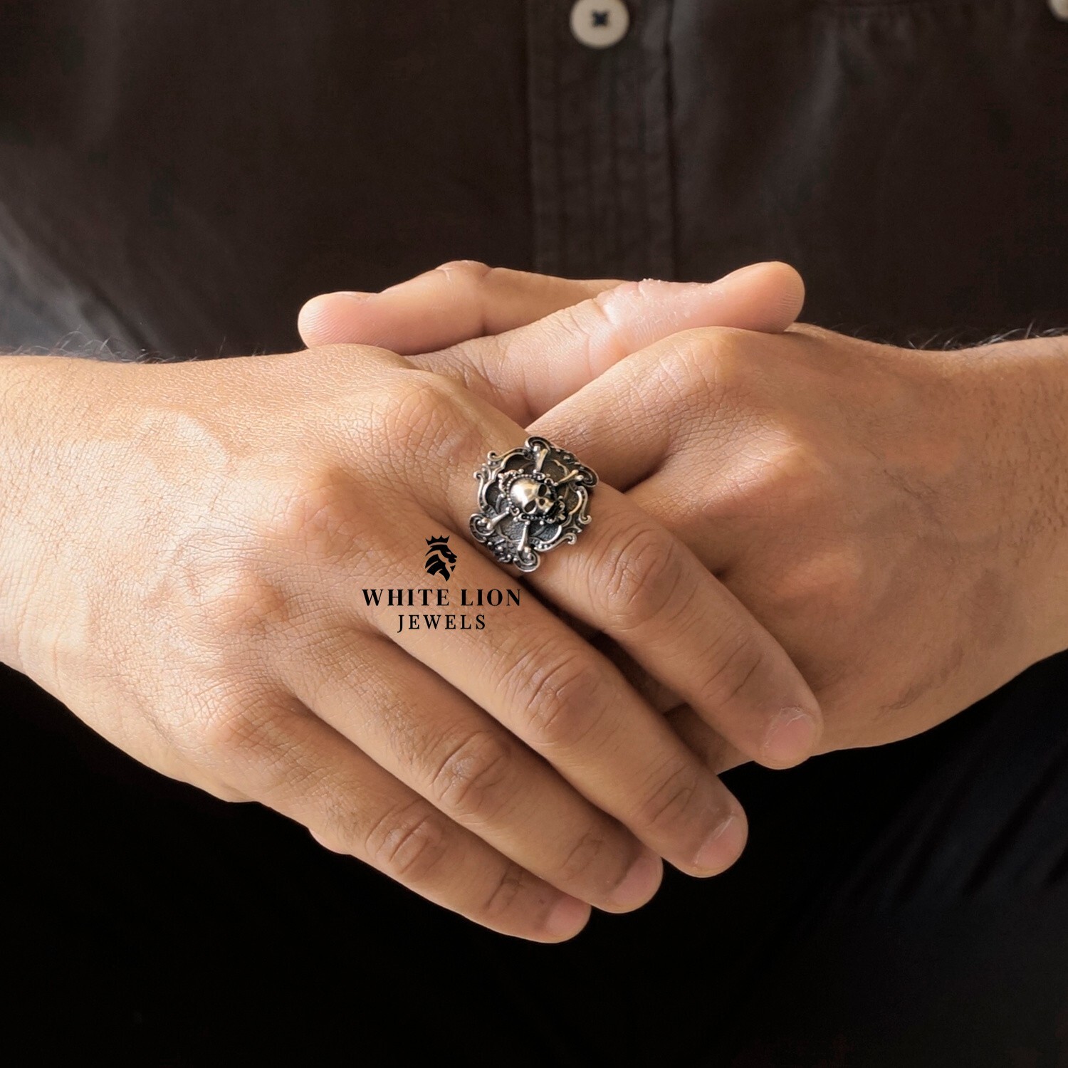 Punk Pirate Gothic Skull Biker Rider 925 Silver Cross Bone Ring