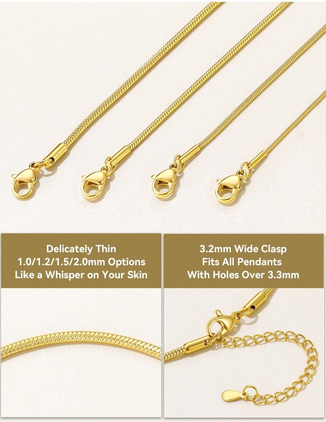Gold Snake Chain Necklace 1.2mm, 18″ Adjustable w/ Extender for Pendants