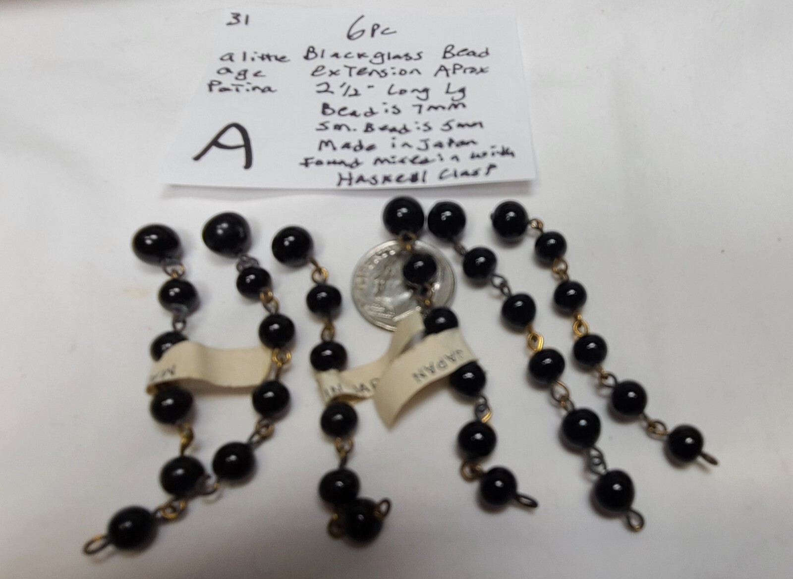 6 Vtg Japan Jet Black Glass Necklace extenders Found in Miriam Haskell lot 0002