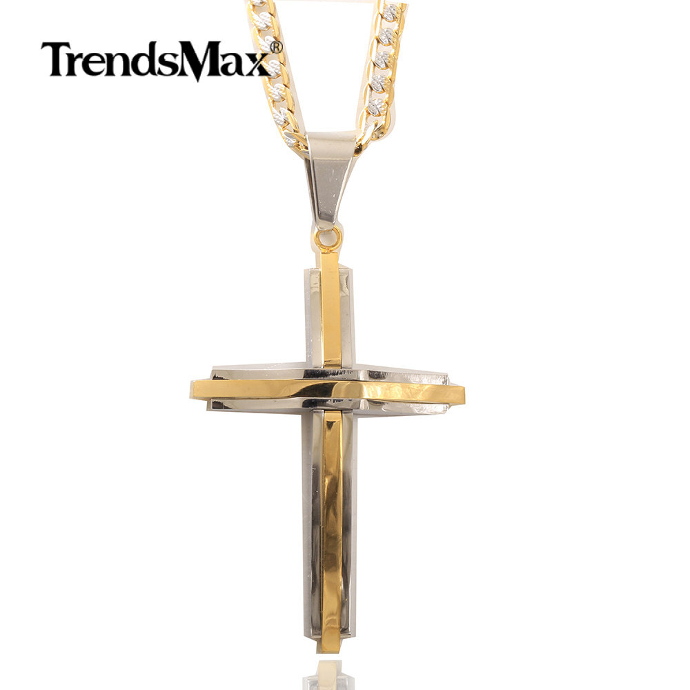 Silver/Gold Plated Cross Pendant Necklace Mixed Stainless Steel Curb Link 18-30″