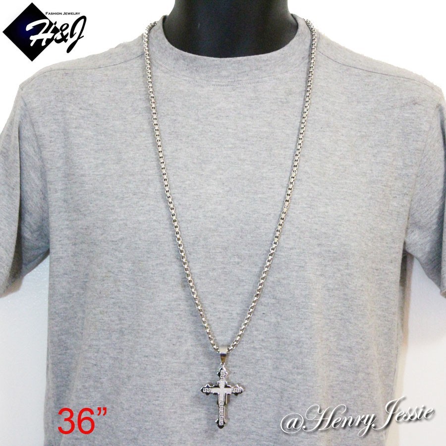 18-40″MEN Stainless Steel 5mm Silver Smooth Box Chain Necklace Cross Pendant*K