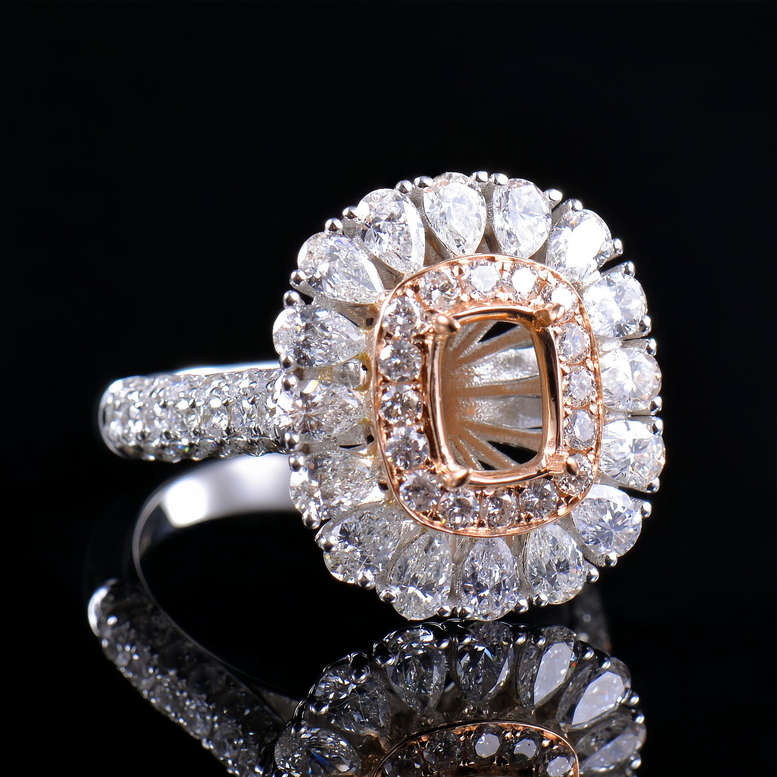 Custom Natural Diamond Semi Mount Women Ring Solid 14K 2-Tone Gold Cushion 7×5mm