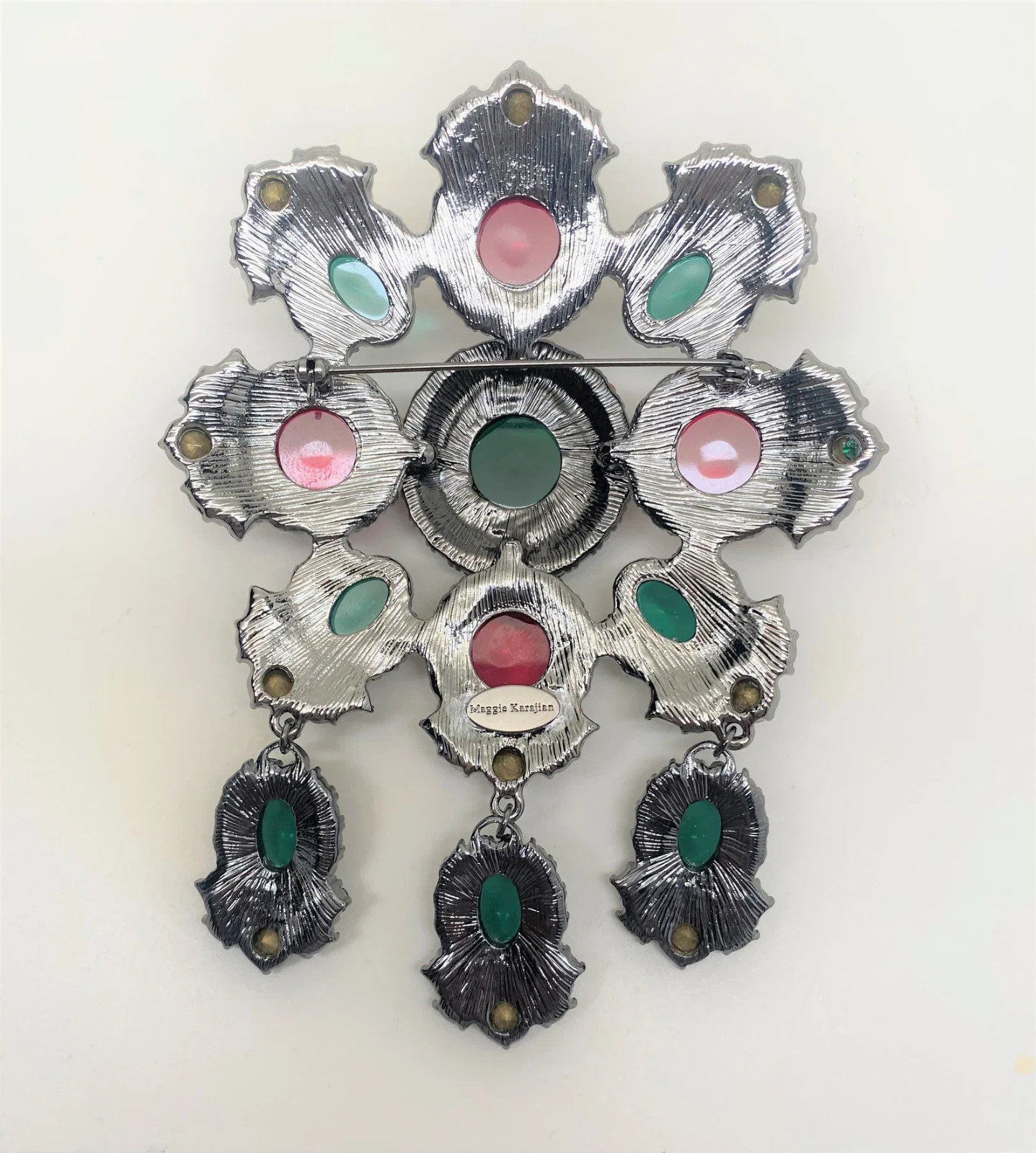 Signed Red, Green Glass Gripoix Style Cabochons, Rhinestones Large Pin Brooch 5″