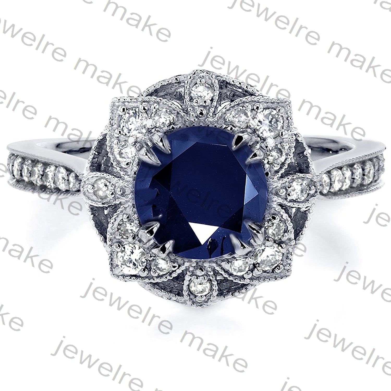 1.25ct Blue Sapphire CZ Antique Floral Engagement & Wedding Ring 925 Silver