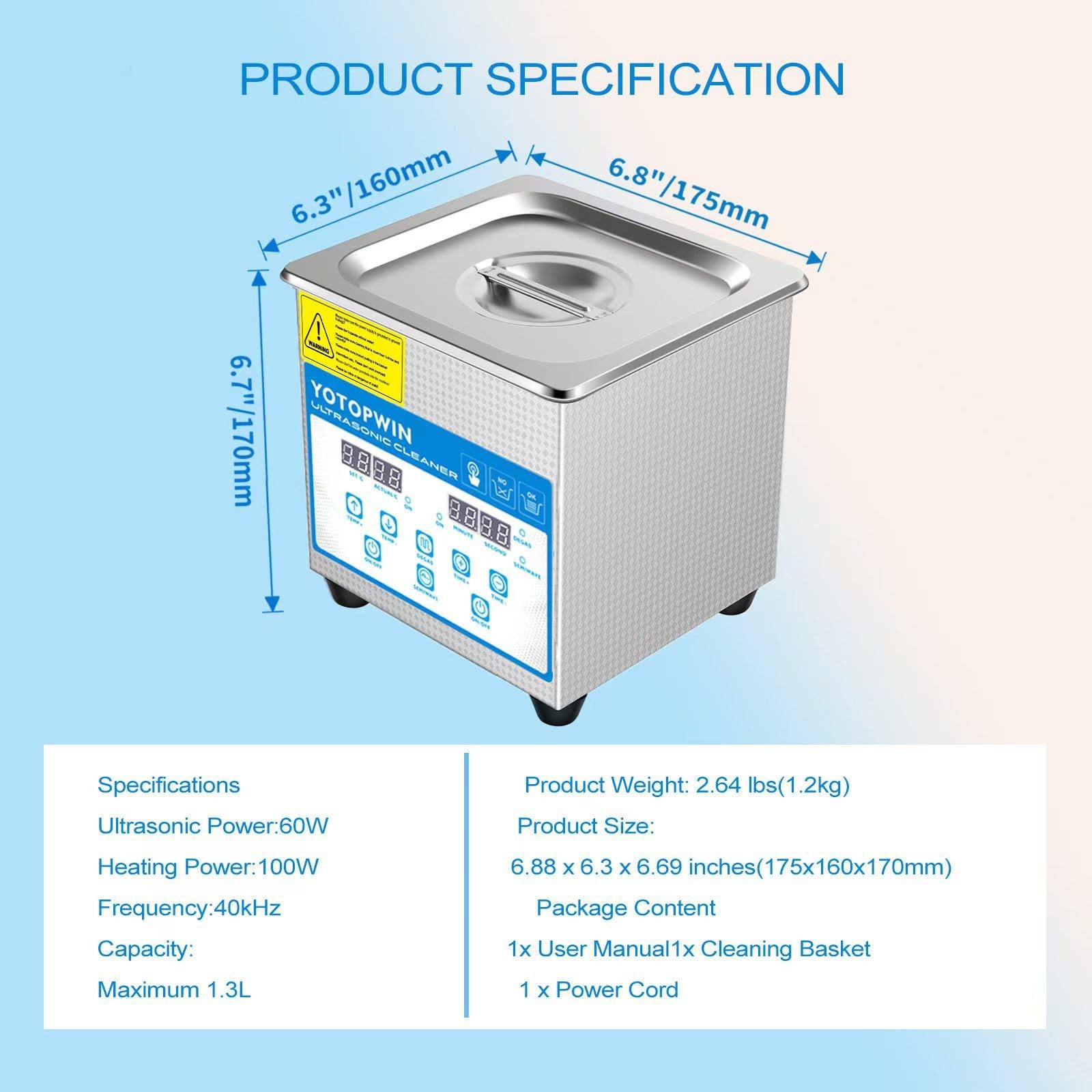 Ultrasonic Cleaner 1.3L Stainless Steel Heated Machine for Jewelry, Glasses, Den