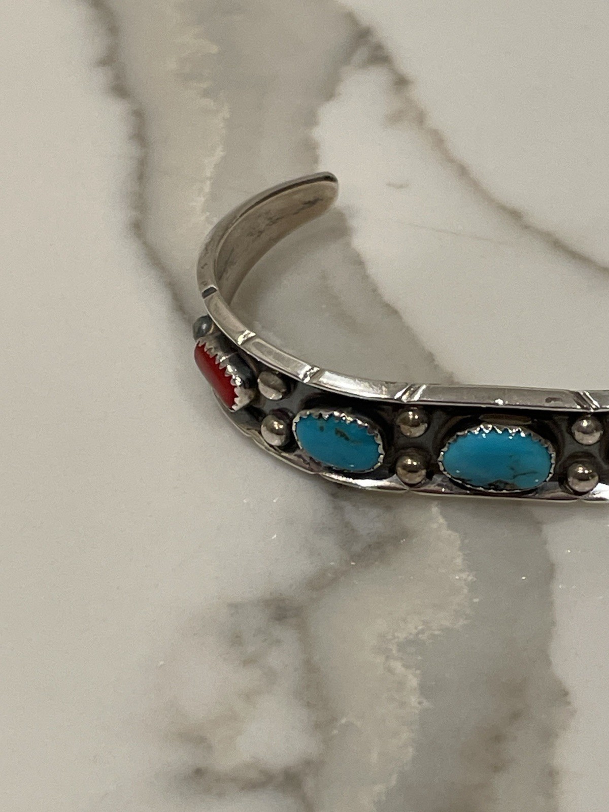 Vintage Navajo Sterling Silver Turquoise & Red Coral Shadow Box Cuff Signed P.L.