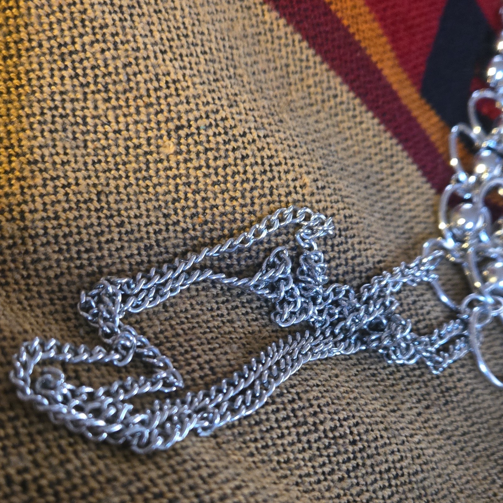 Silver Tone Metal Rope Chain Statement Necklace Circle Links & Ball Bead Dangles