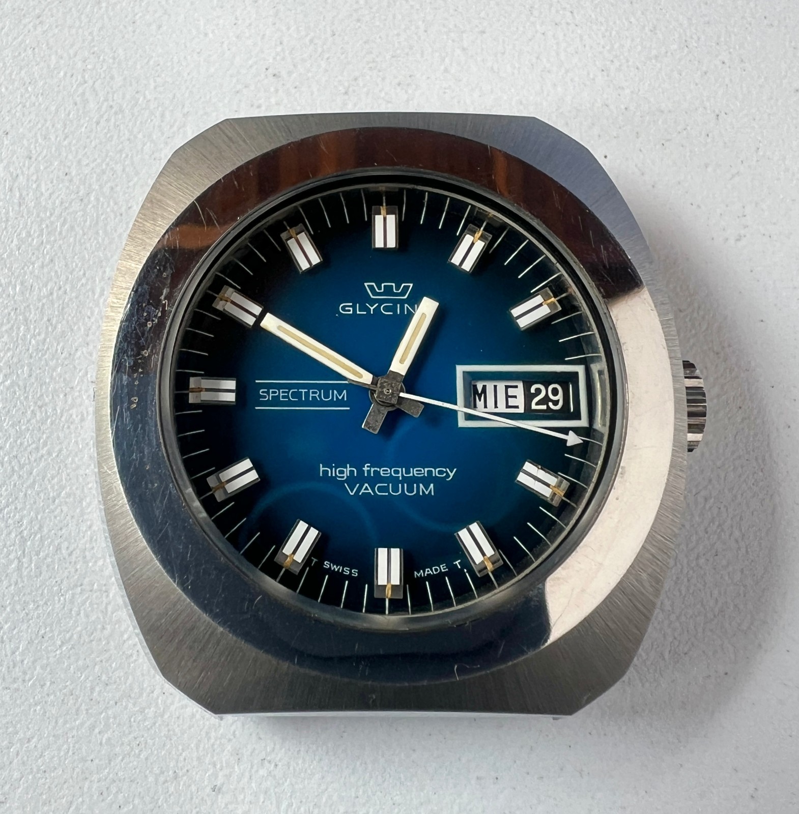 Glycine High Frecuency Automatic Watch Vintage Men Spectrum Vacuum Blue Dial NOS