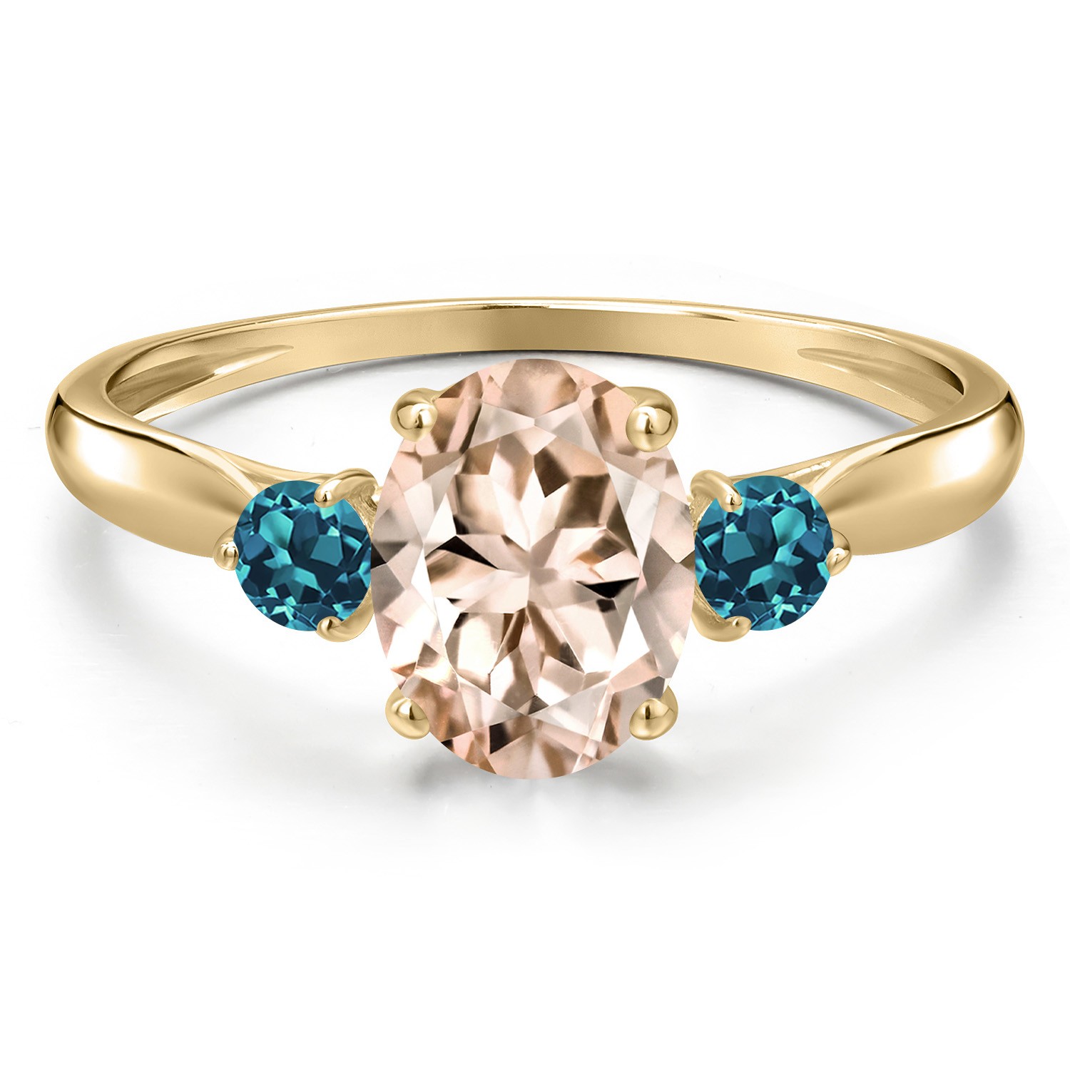 10K Yellow Gold Peach Morganite and London Blue Topaz 3-Stone Ring For Women |