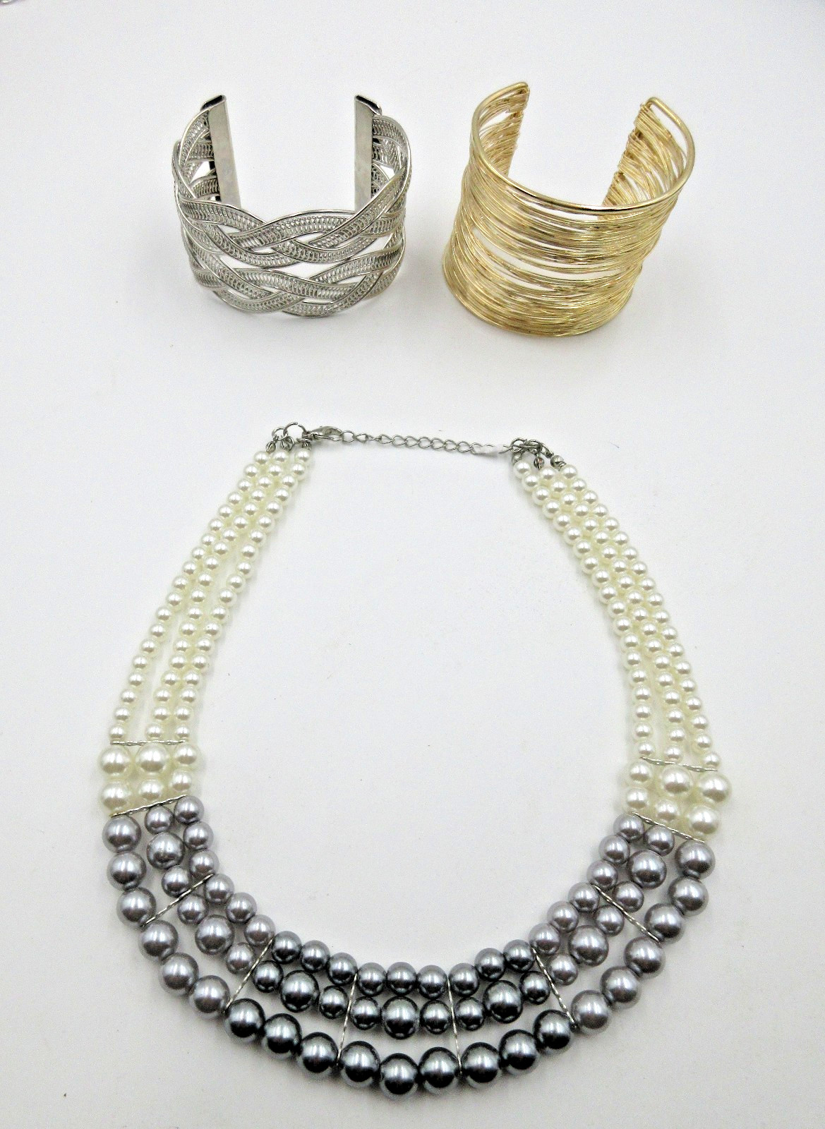 LOT silver gold tone statement cuff BRACELETS Off white gray faux pearl necklace