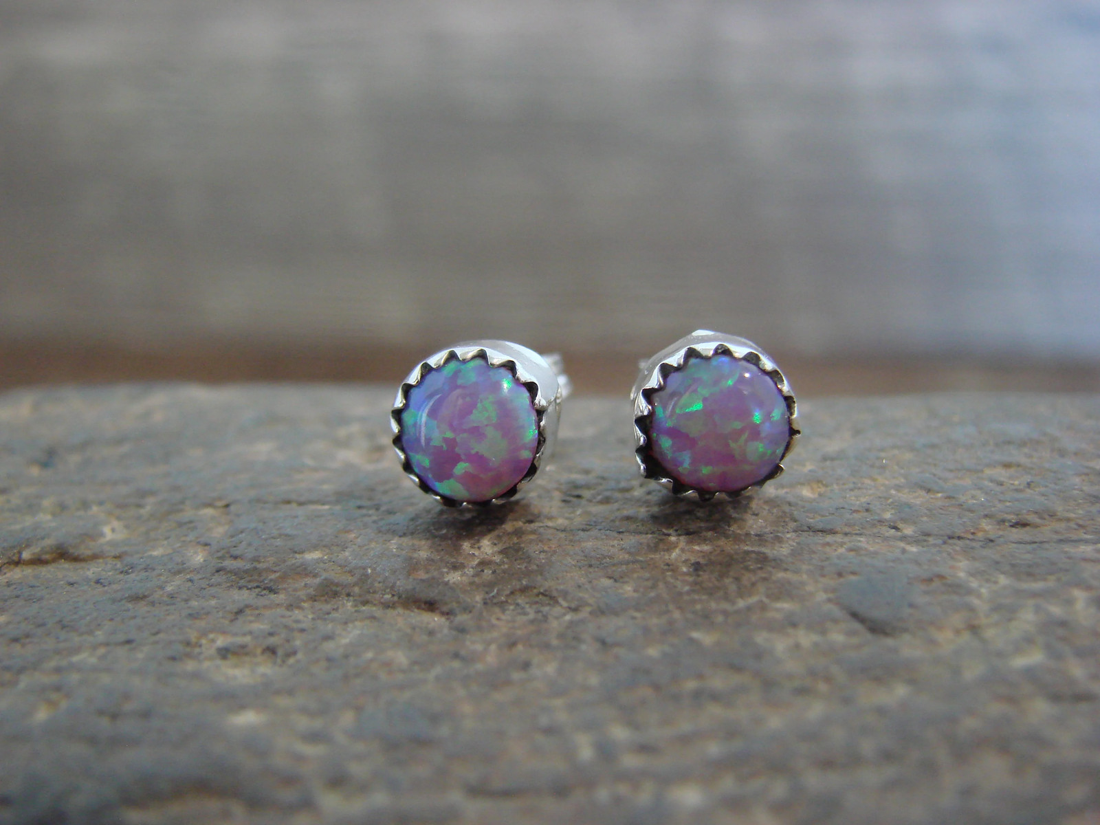 Native American Sterling Silver 1/4″ Round Pink Opal Post Earrings by Martinez