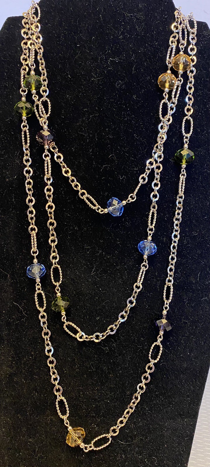 Vintage Stationed Multicolor Crystal Bead Sautoir Necklace Endless Chain 62″