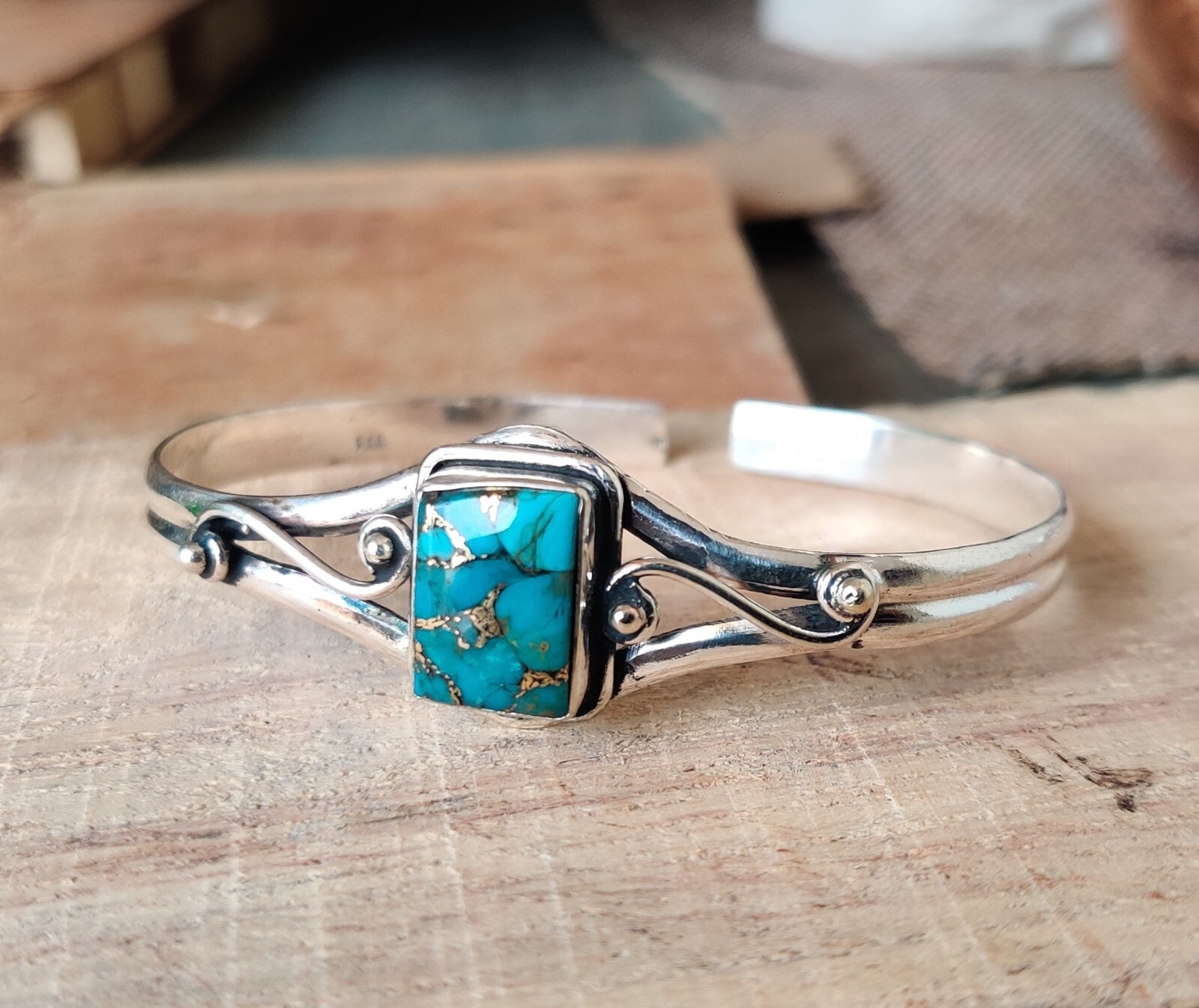 Blue Copper Turquoise Gemstone 925 Sterling Silver Adjustable Bangle SR1219