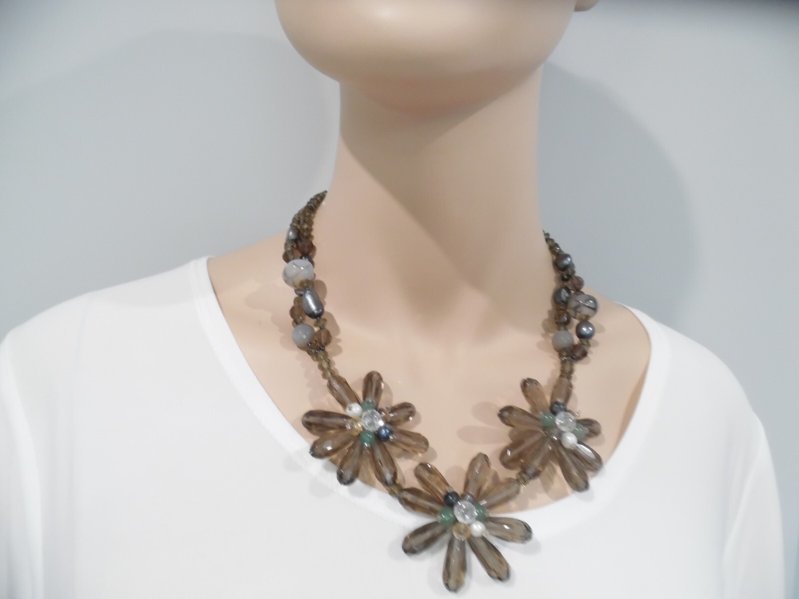 Beaded Cluster Statement Necklace Gemstone and Crystal Art Glass- Gorgeous! Wow!