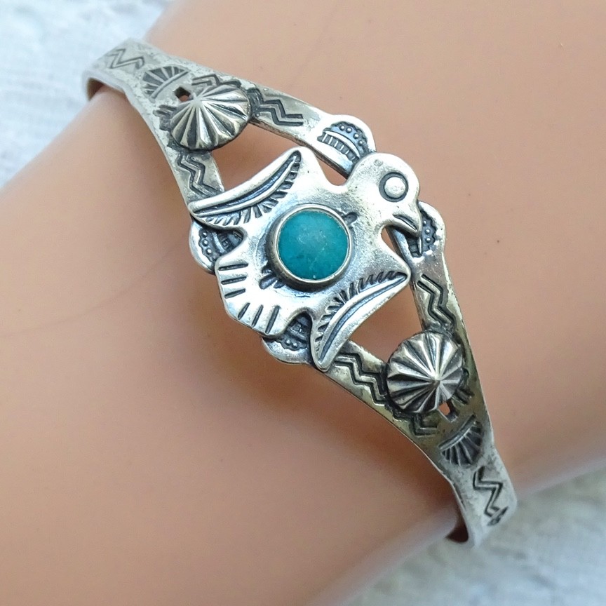 Fred Harvey Era Navajo Turquoise Sterling Thunderbird Cuff Bracelet SMALL WRIST