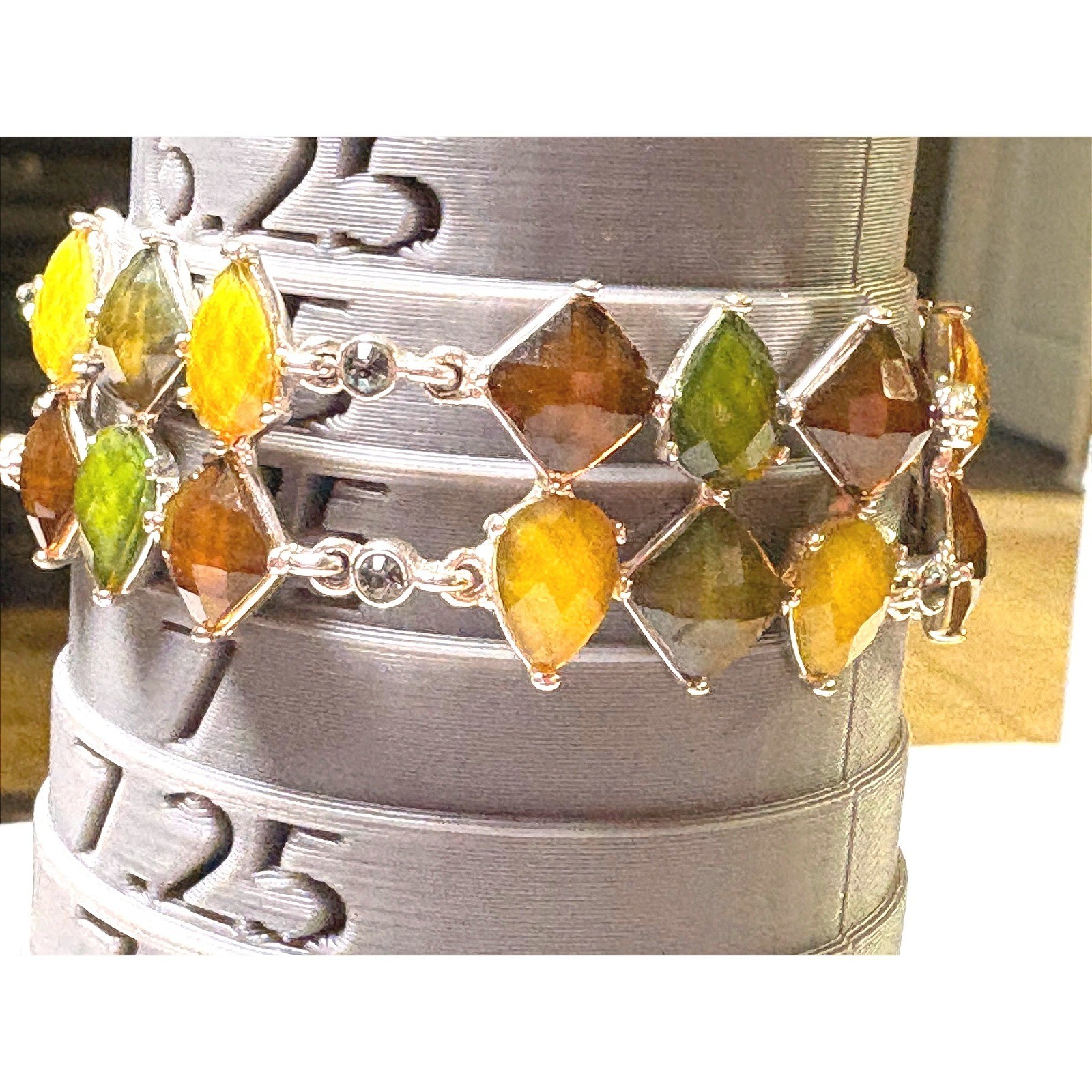Gemstone Link Bracelet Women 7.75in Green Brown Good Double Row Kite