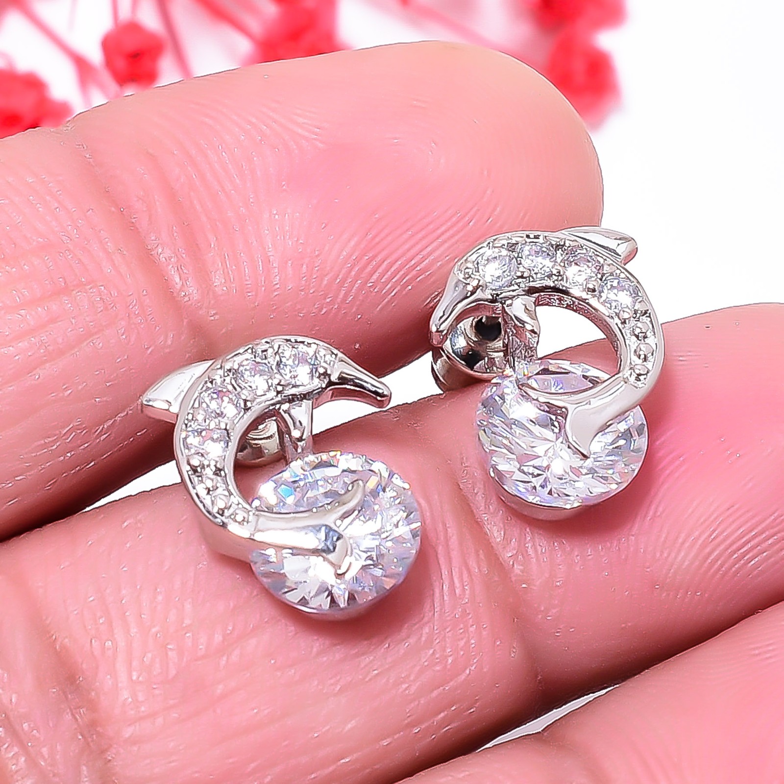 White Topaz & Cz 925 Sterling Silver Dolphin Studs 0.55″ E151816