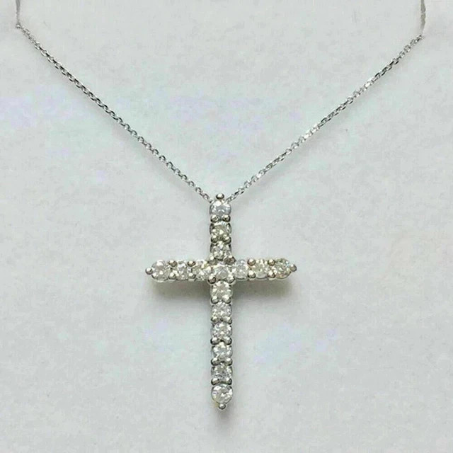1Ct Round Lab-Created Diamond Wedding Women’ Cross Pendant 14K White Gold Plated