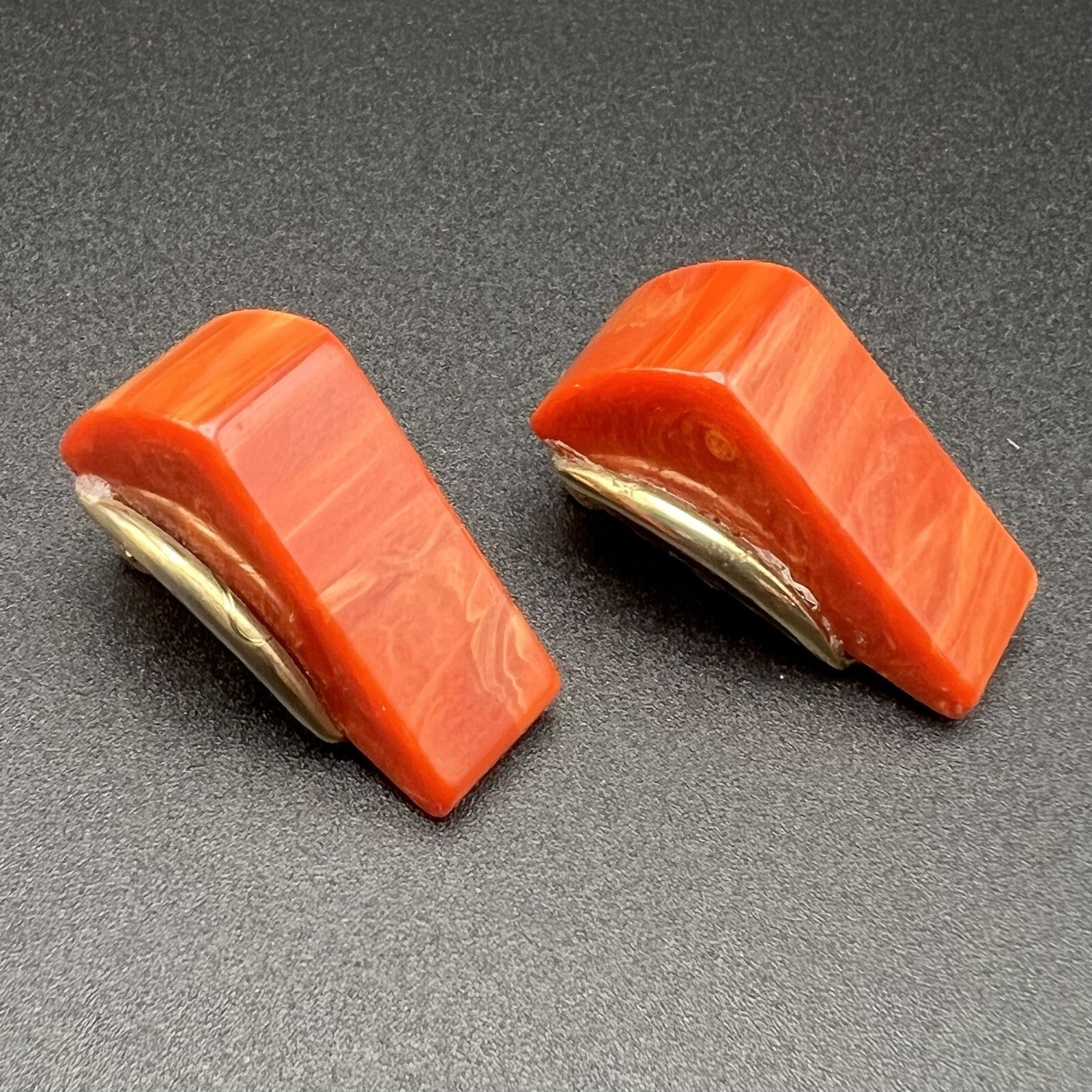 Vintage MCM Mod Blood Orange Bakelite Wedge Clip-on Earring Set Dress Shoe Clips