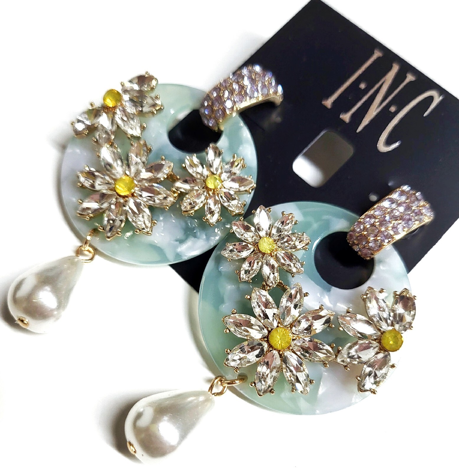 INC Crystal Resin Pearl Dangle Earrings Blue Daisy Multi-Color New with Tags