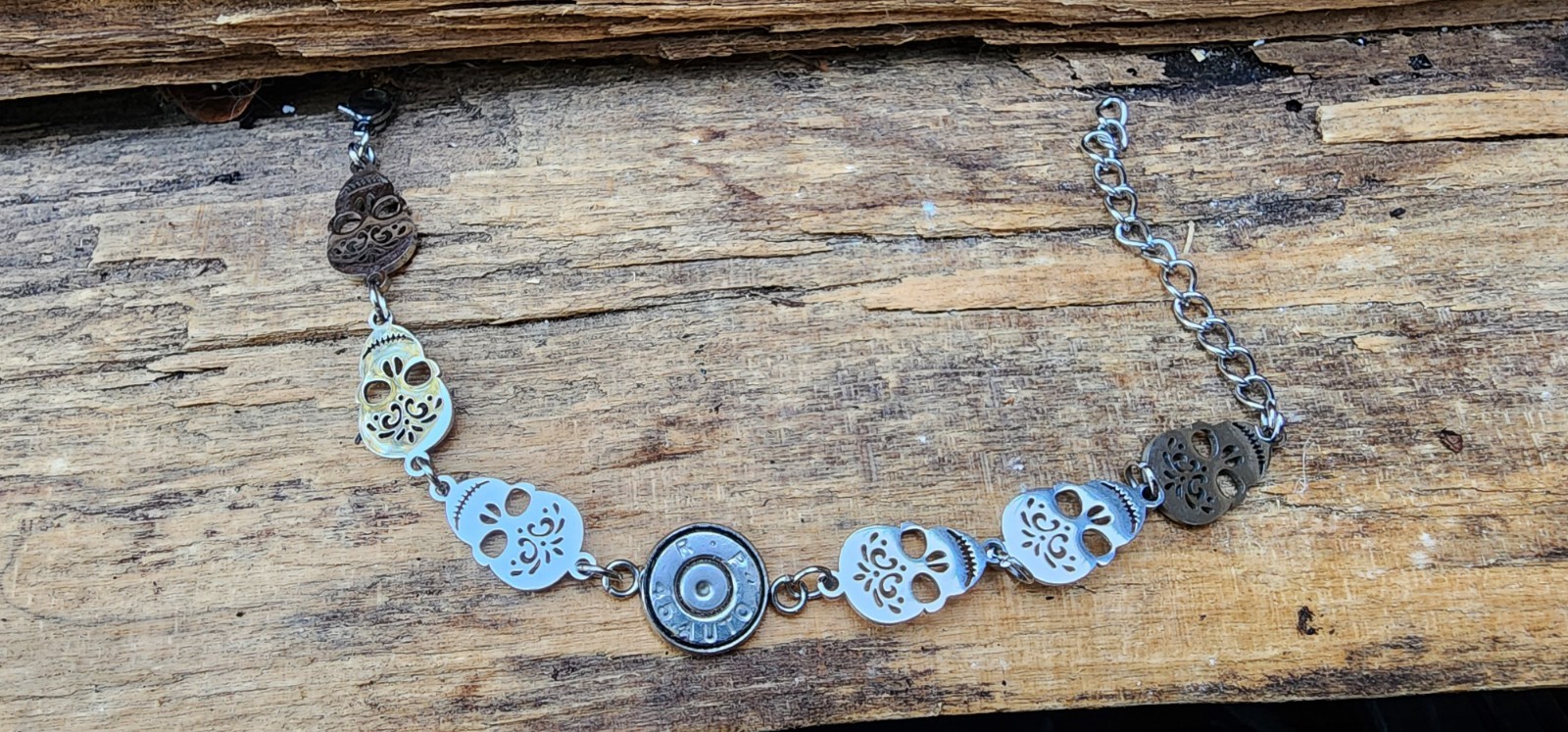 Stainless Steel Bracelet with Sugar Skulls and 9 mm bullet. Optional Color