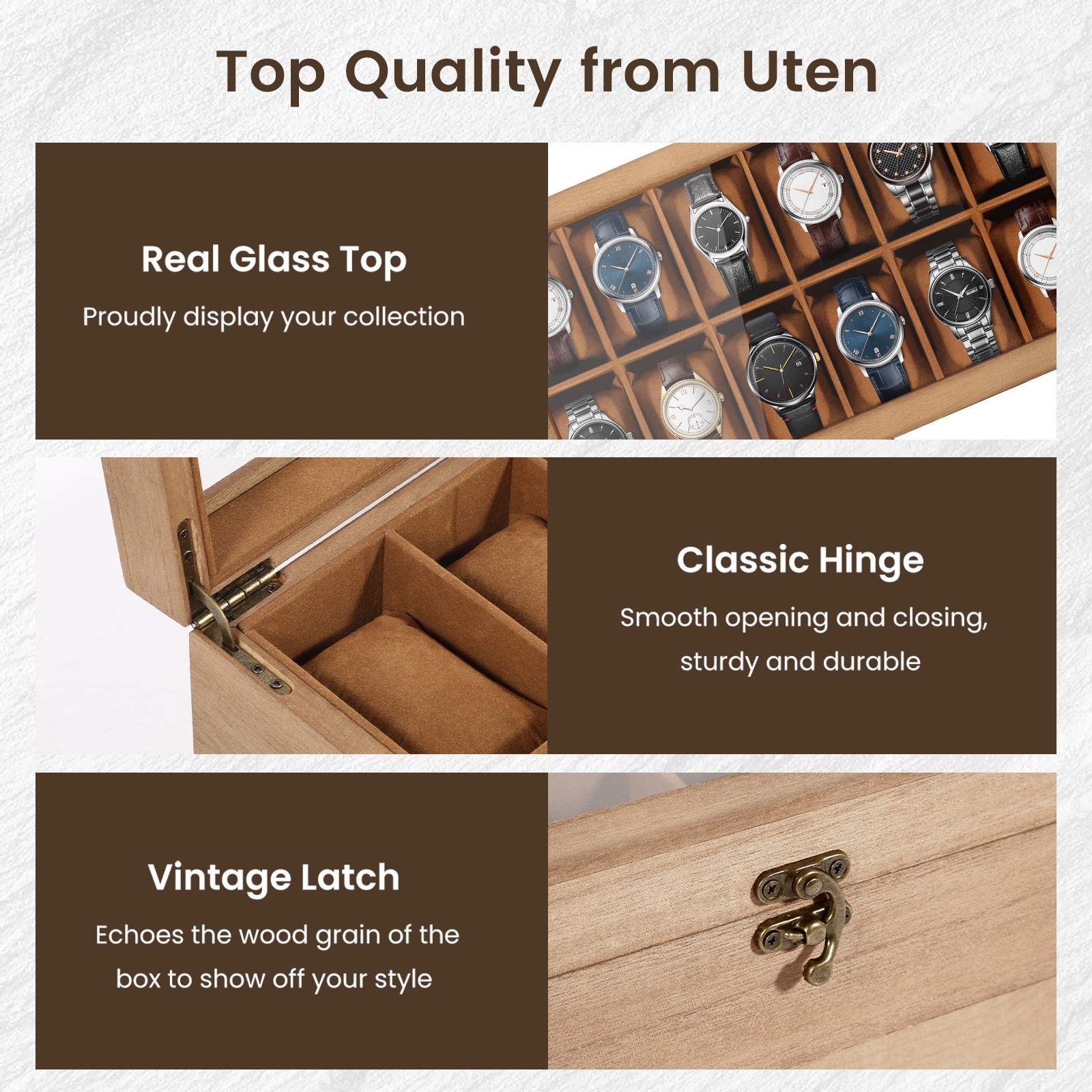 12 Slot Solid Wood Watch Box Clear Glass Top, Men’s Jewelry Display Storage Case