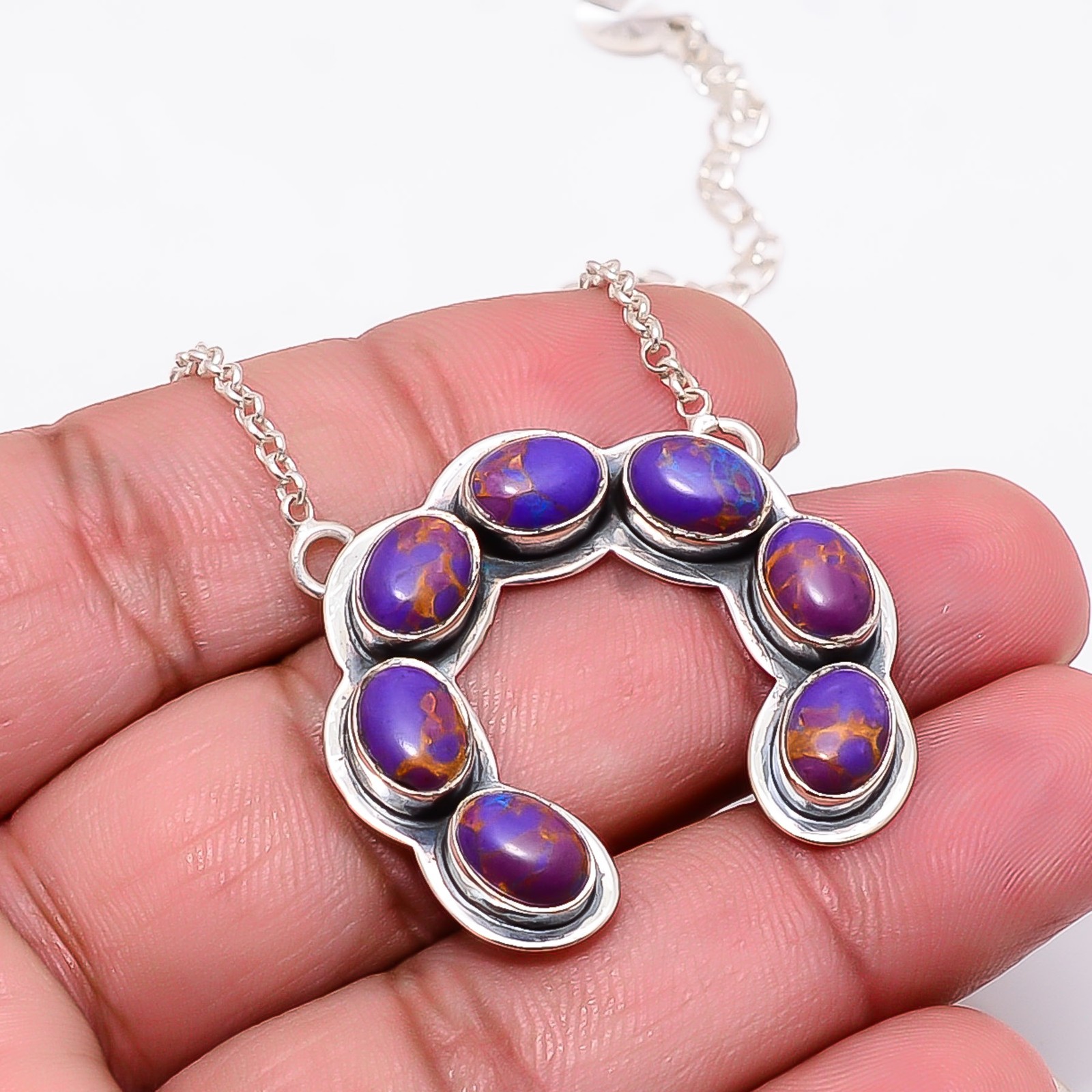 Copper Purple Turquoise 925 Sterling Silver Horse Shoe Necklace 17-21″ CP9211261