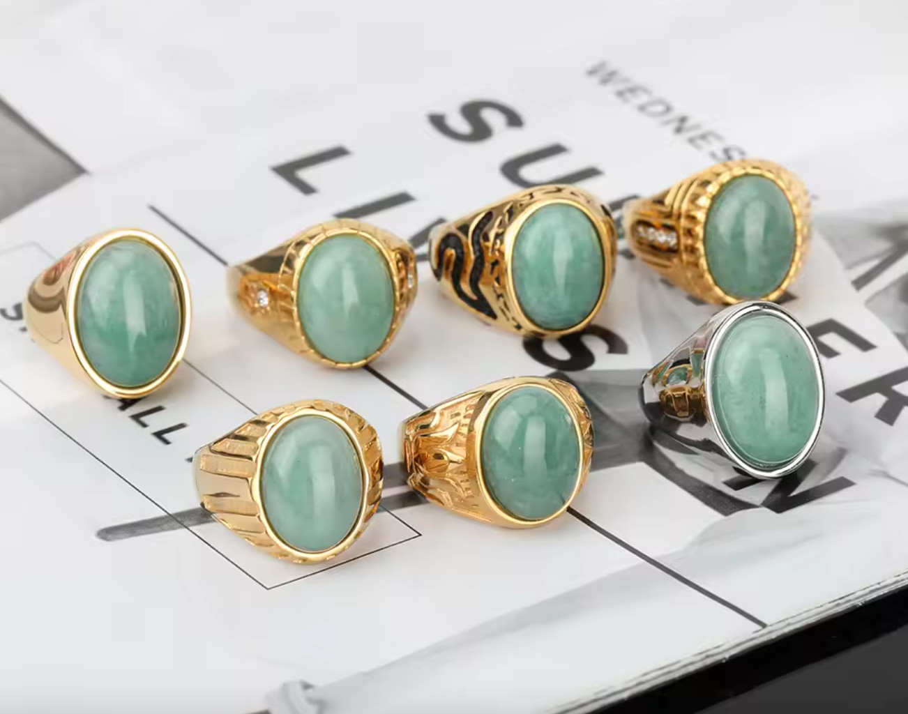 Men’s Ring Stainless Steel Gold Color Green Jade Oval Shape Natural Gemstone