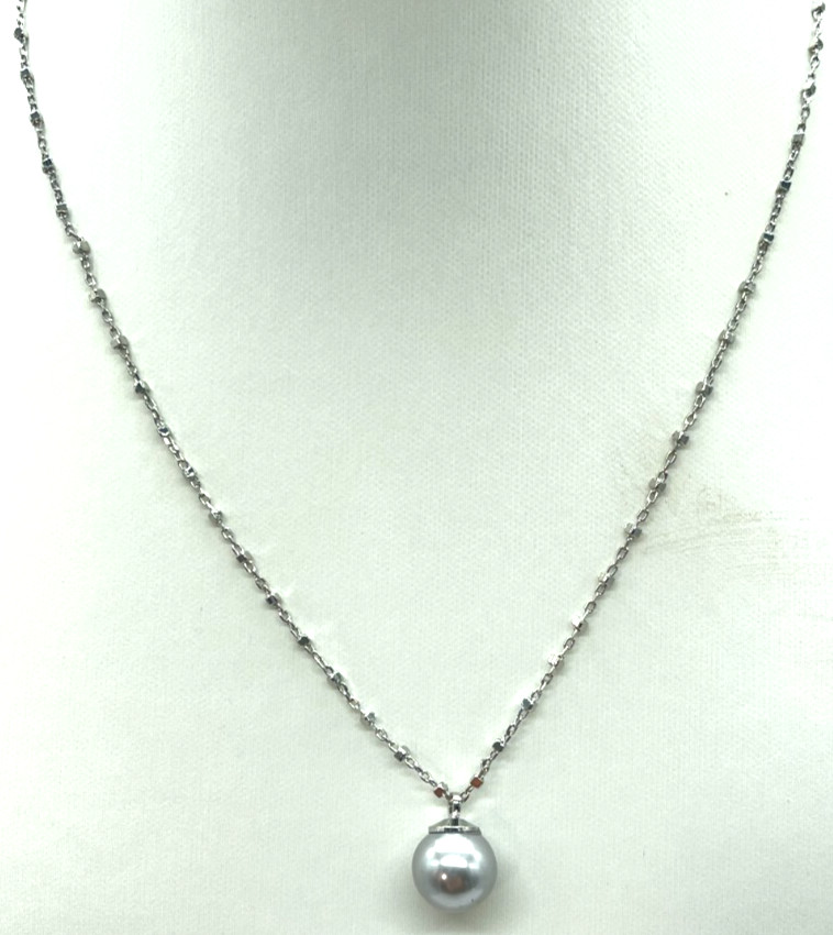Necklace Silver Tone Patterned Chain w/Silver Cultured Pearl 16″ + 2″ Extension
