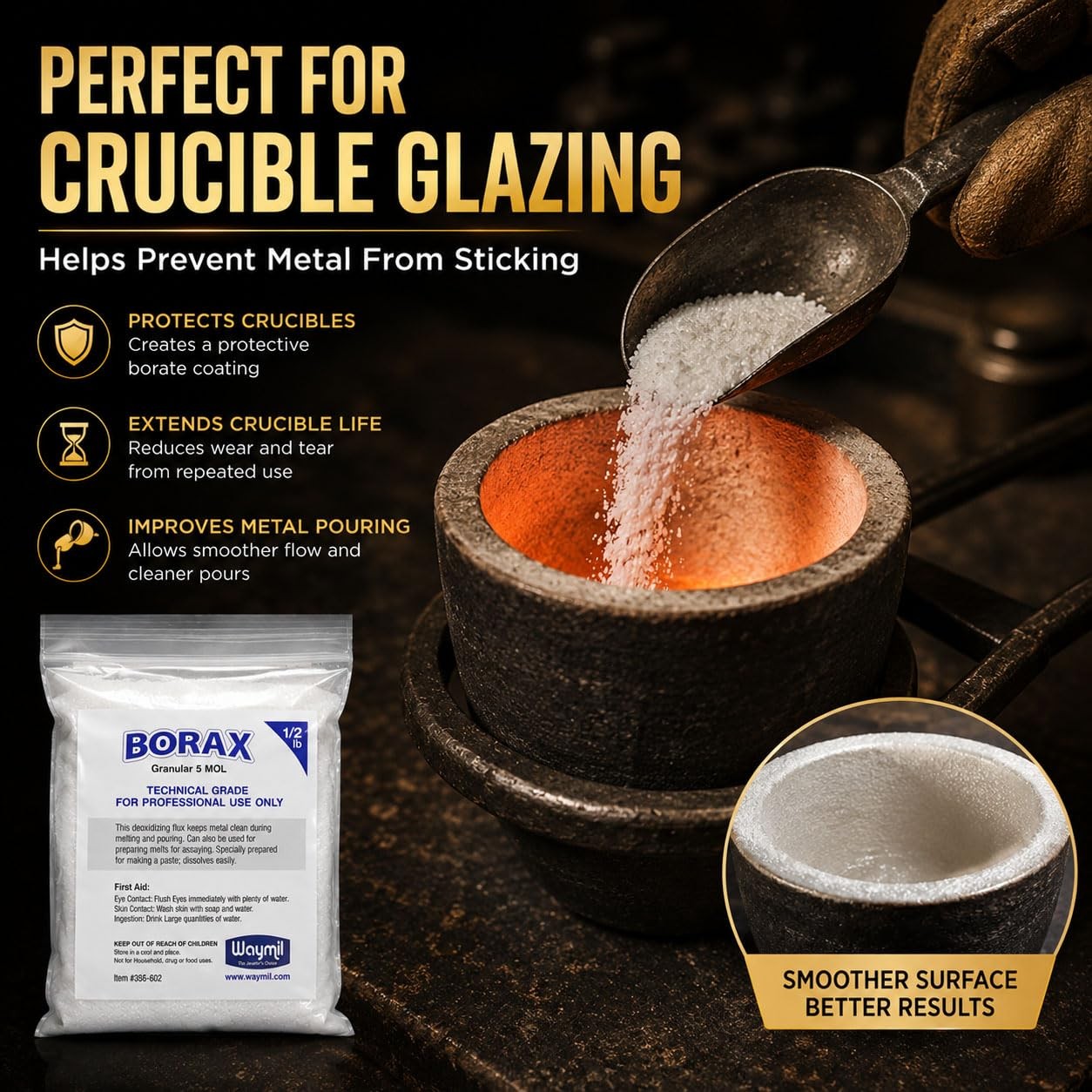 Waymil Borax Flux Granular1/2 Pound for Gold Silver Melting Casting Crucible …