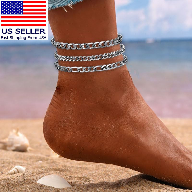 Silver Ankle Bracelets for Women Waterproof Stainless Steel Anklet Adjustable La