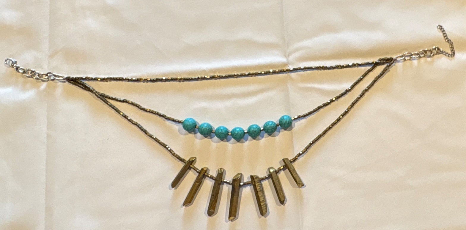 Blue Beaded Multi-Strand Bohemian Statement Necklace Gold-Tone Bar Charm