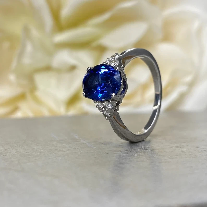 3.80 Ct Oval Natural Sapphire & Diamond Wedding Ring 14K White Gold Size 6