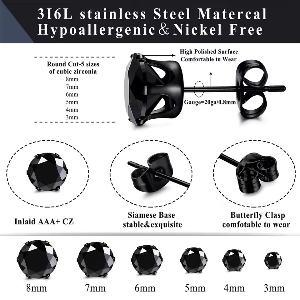 Mens Women Stainless Steel Black Round Cubic Zirconia Ear Studs Earrings 3mm-8mm