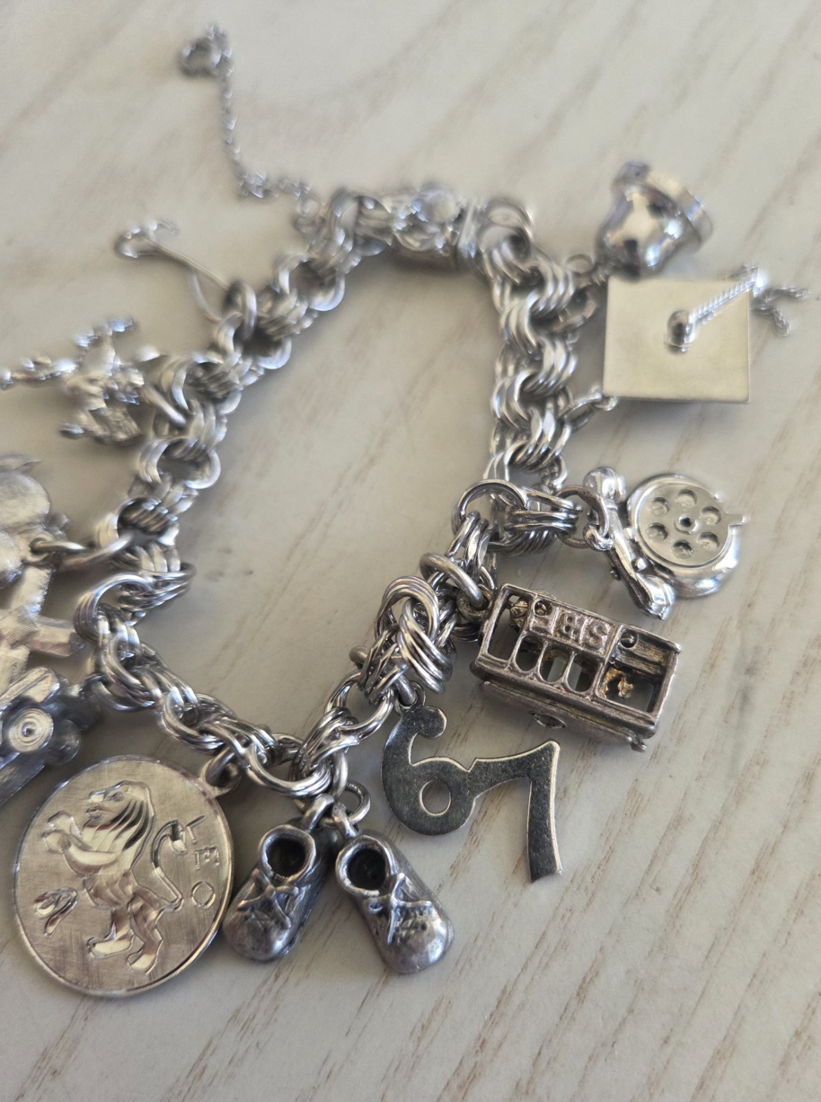 VTG Elco Double Link CHARM Bracelet 13 Charms Sterling Silver 7″ 45 Gram