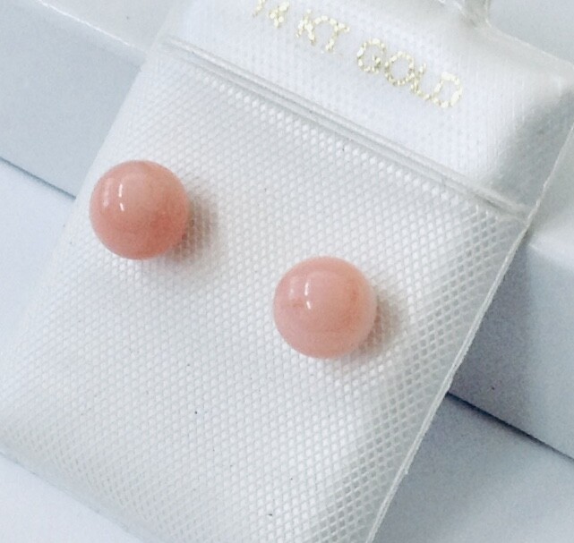 Small Natural Angel Skin Coral 5.4 – 6 mm Ball Solid 14K Gold Stud Earrings NEW