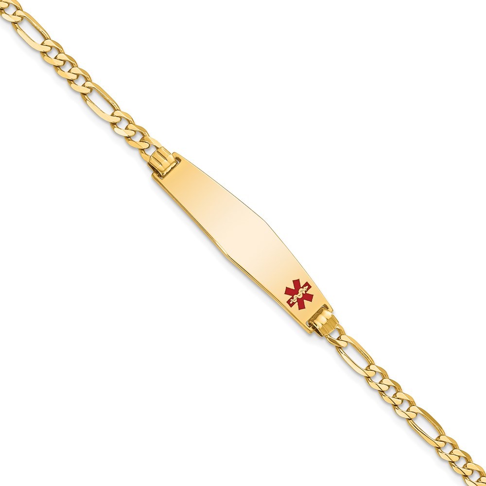 14K Yellow Gold Solid Chain 33x8mm Red Enamel Flat Figaro Link Charm Bracelet 8″