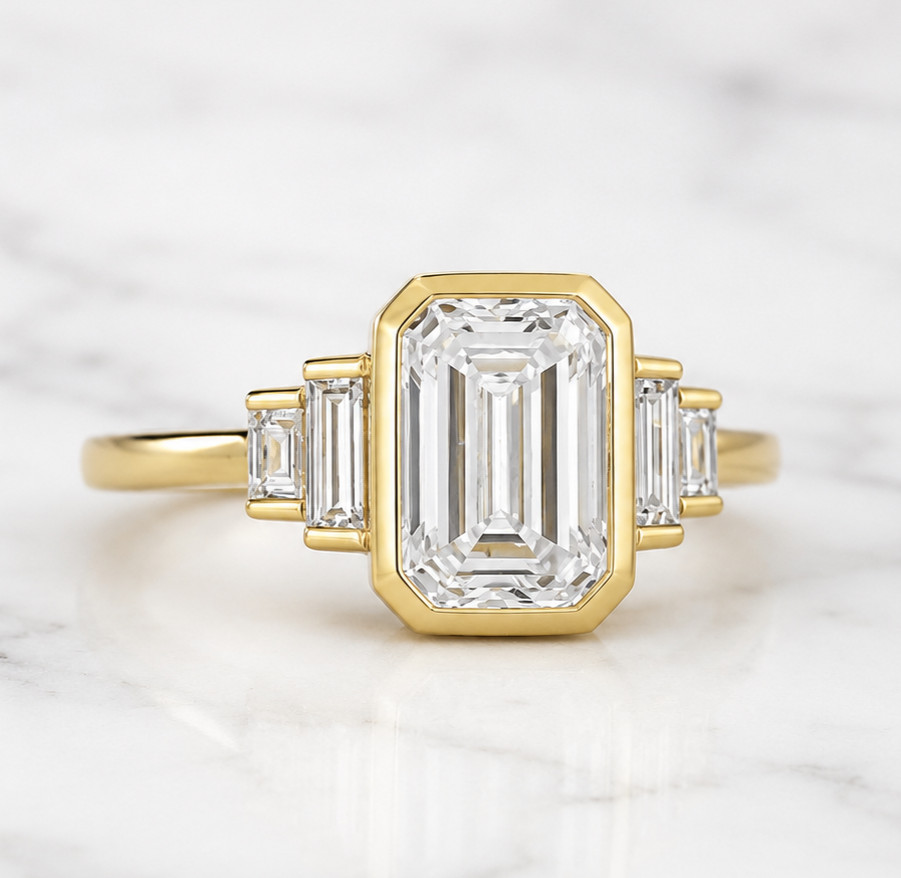 3 Carat Lab Grown Emerald Cut Diamond Bezel Set Engagement Ring in Yellow Gold