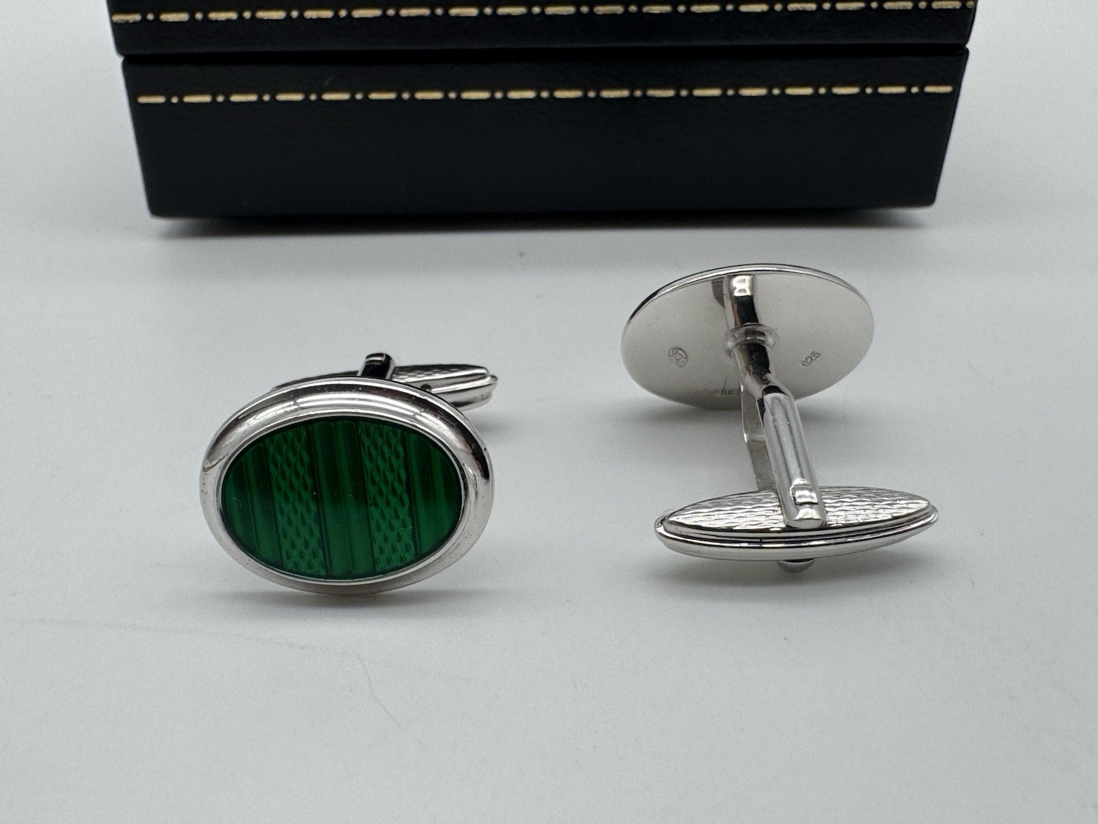 DUNHILL 925 SILVER GUILLOCHE GREEN ENAMEL CUFFLINKS MINT 100% GENUINE ~$550 RARE