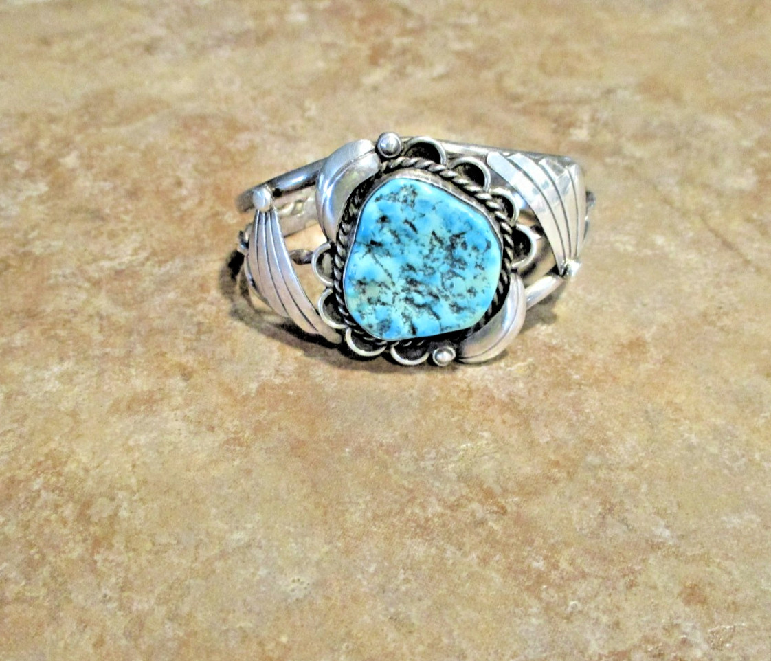 FINE Vintage Navajo Sterling Silver SEA FOAM Turquoise Applique Bracelet Sign FS