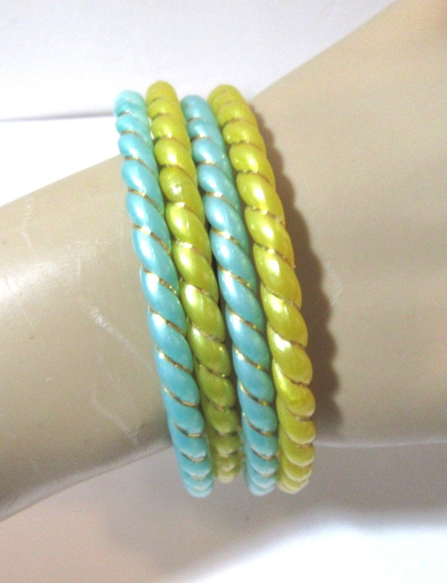Blue an Yellow Set of Four Vintage Bangle Bracelets Thin Gold Tone Foil Wrap