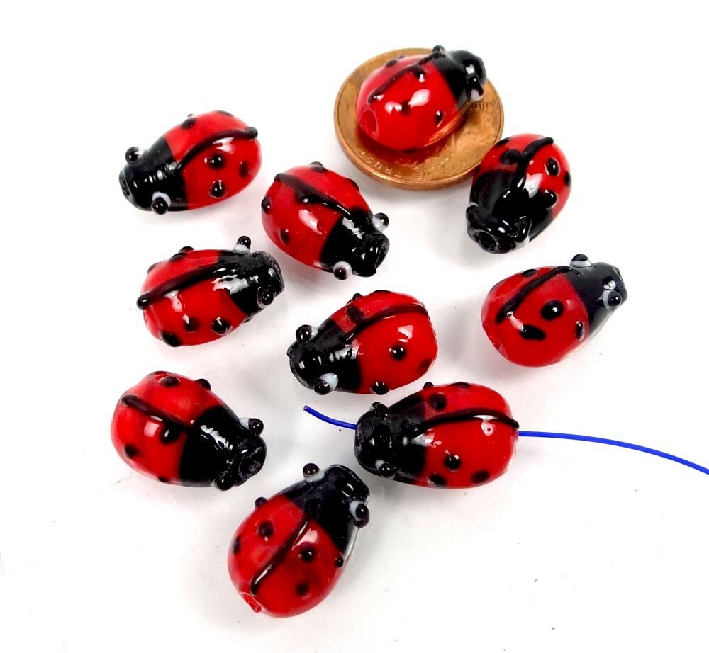 10 Small Lampwork Glass Ladybug Beads 14x10mm
