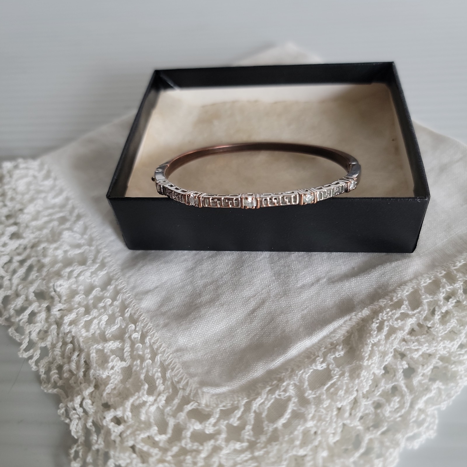 Vintage Greek Key Rhinestone/CZ Hinged Bangle Bracelet Silver Tone Jewelry