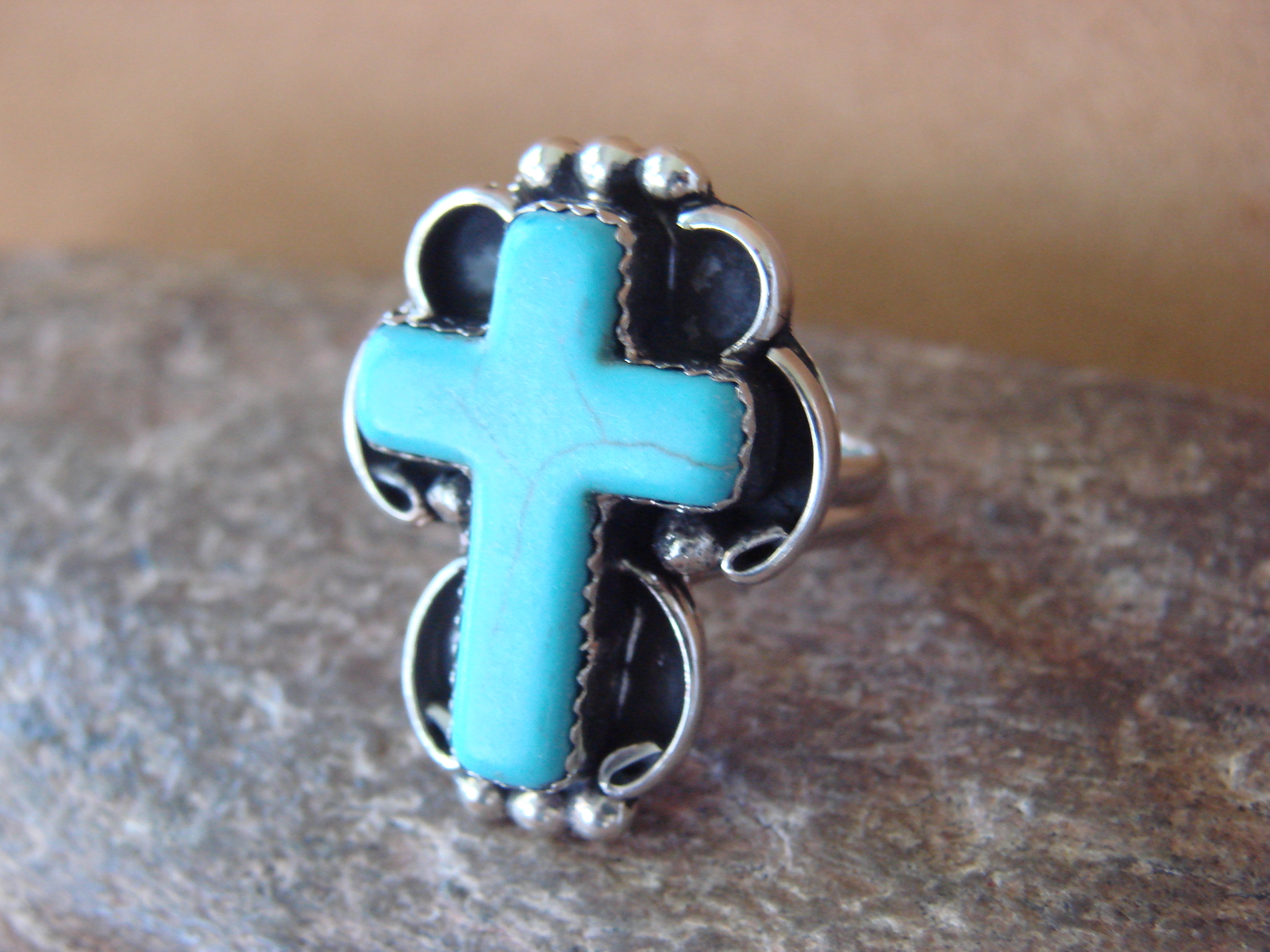Native American Nickle Silver Turquoise Cross Ring Size 7 1/2 by Phoebe Tolta