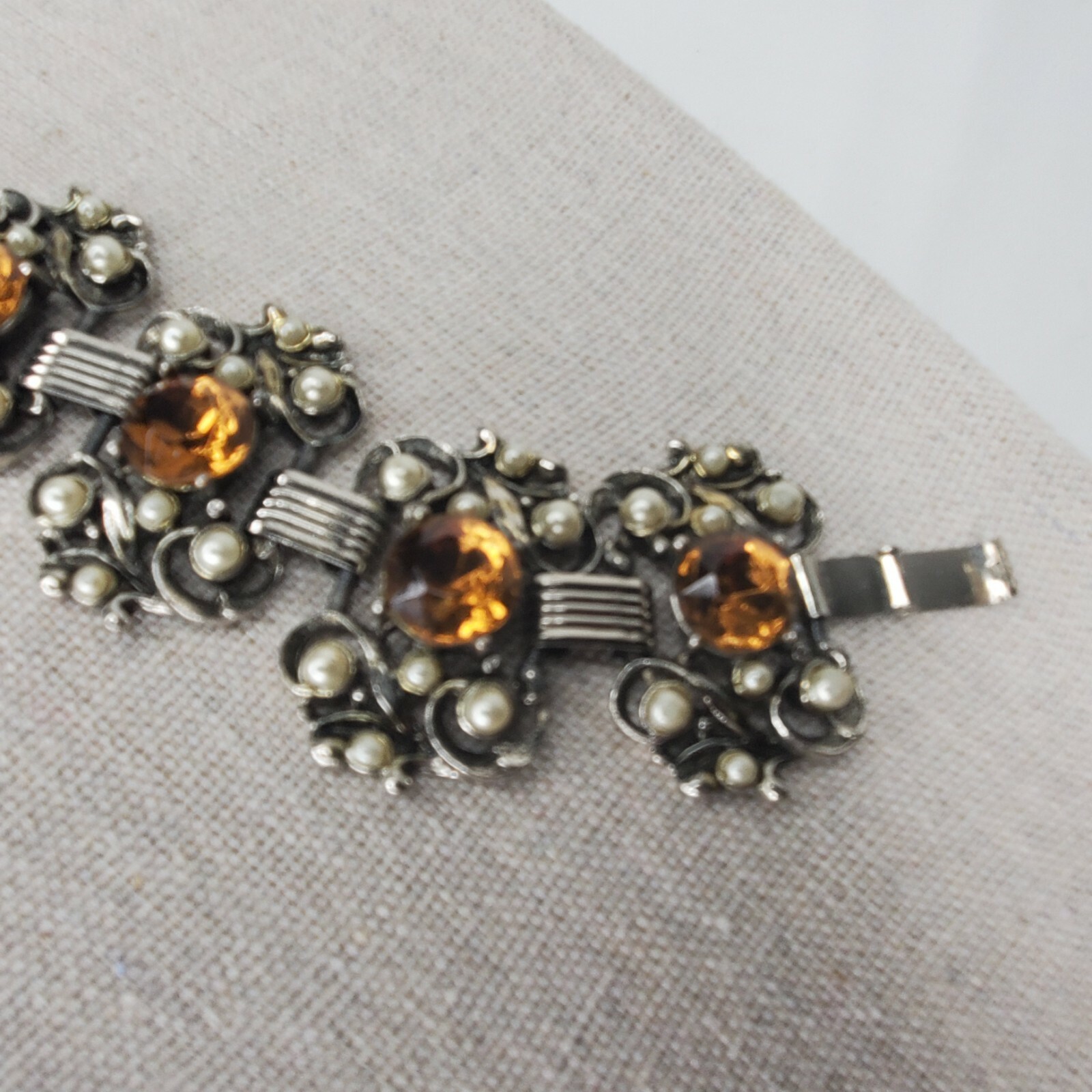 Vintage Panel Bracelet Silver Tone Faux Pearl Citrine Stones Chunky